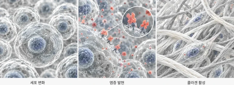 세포 실험에서 살핀 세 가지: 세포 변화, 염증 발현, 콜라겐 활성을 표현한 3D 일러스트