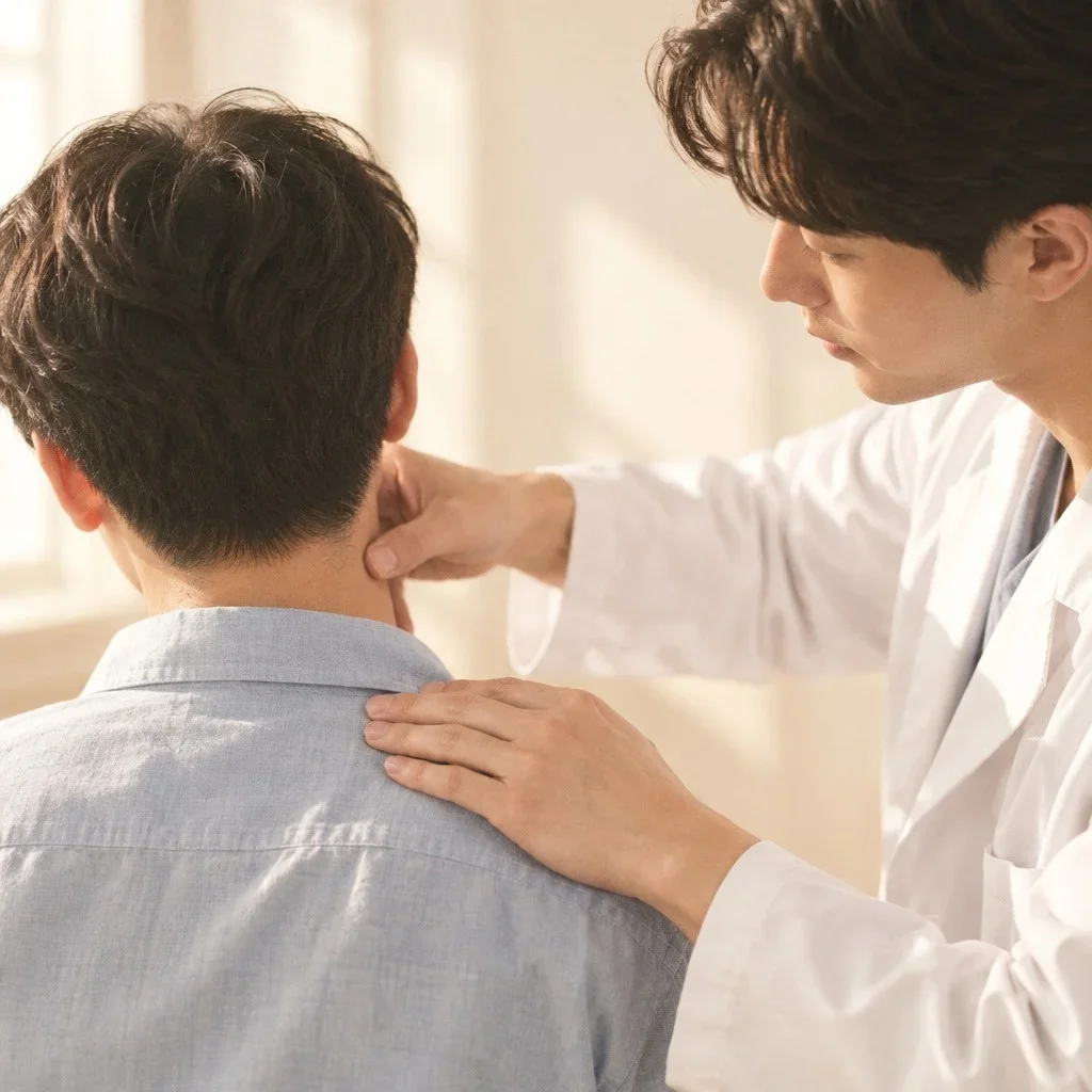 의사가 환자의 목을 진찰하는 모습